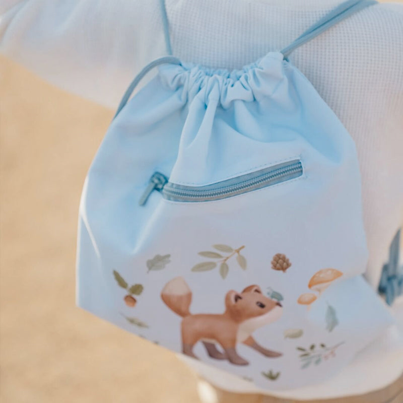 Little Dutch Light blue drawstring gym bag with a fox and nature-themed design