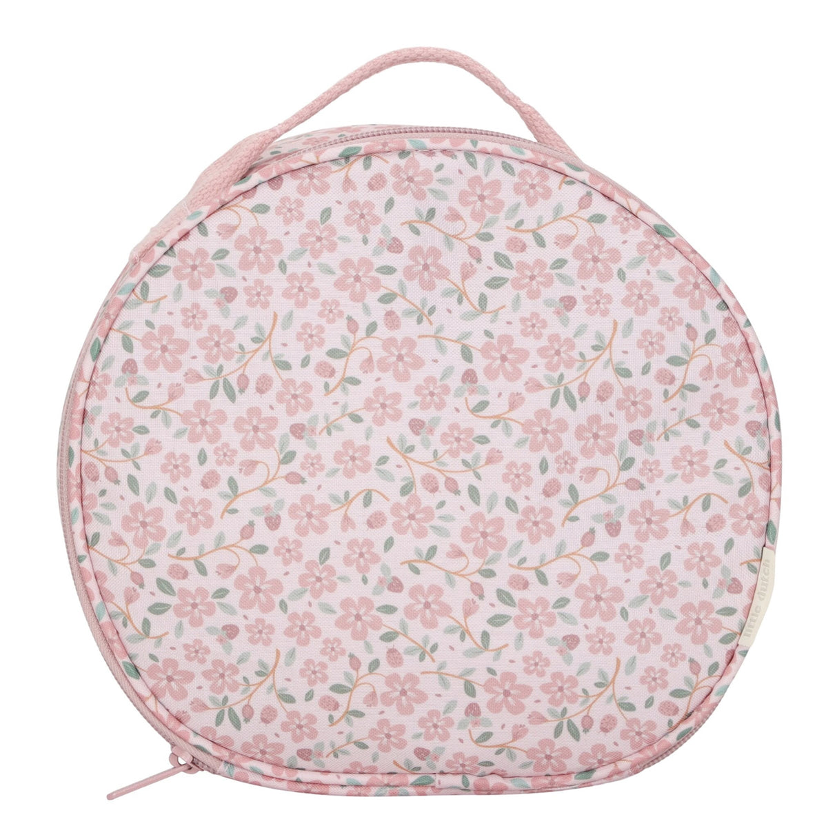 Round floral-patterned make-up bag with a handle on a white background