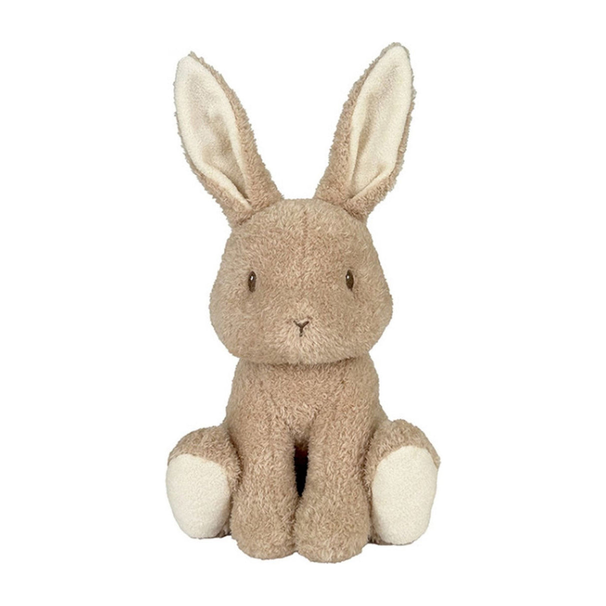 Plush brown rabbit toy with pointy ears on a white background