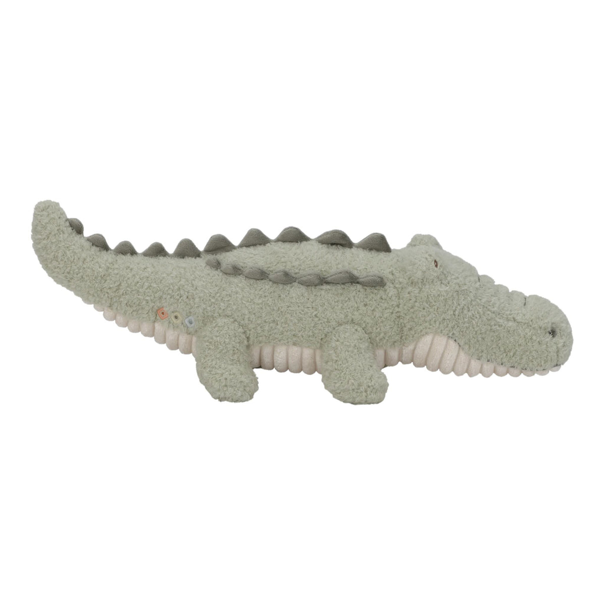 A plush crocodile toy in a textured sage green fabric with a cream underside, shown against a plain white background.