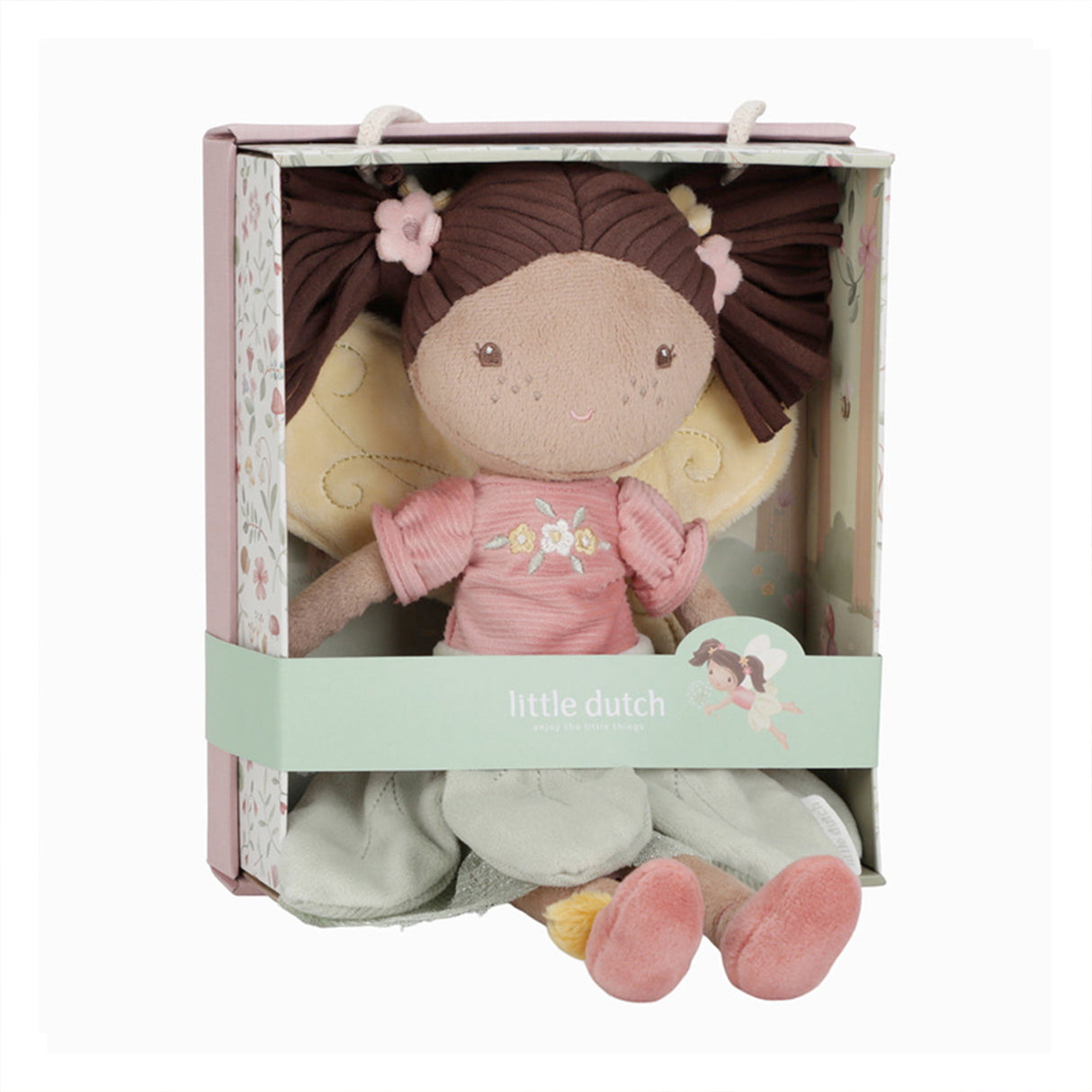 Plush doll with brown hair in a box, featuring the brand 'Little Dutch'.