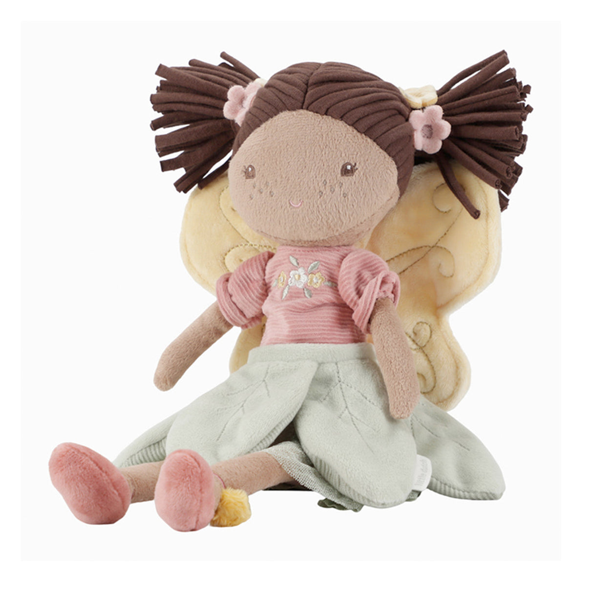 Plush toy with a girl character sitting on a cloud, wearing a pink top and light green skirt.