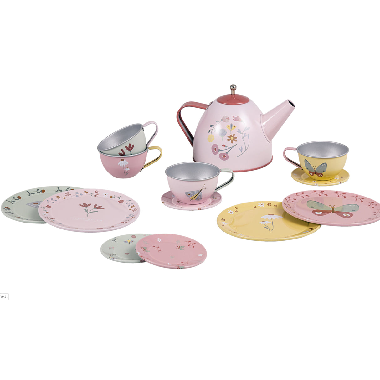 Children's tea set with pink teapot, cups, and saucers on a white background