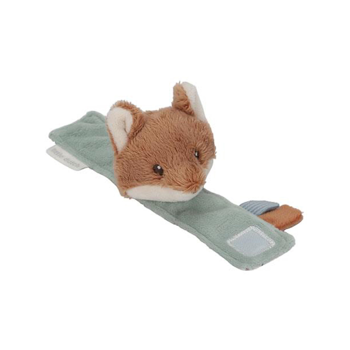 Plush fox wrist strap baby toy with a green band on a white background