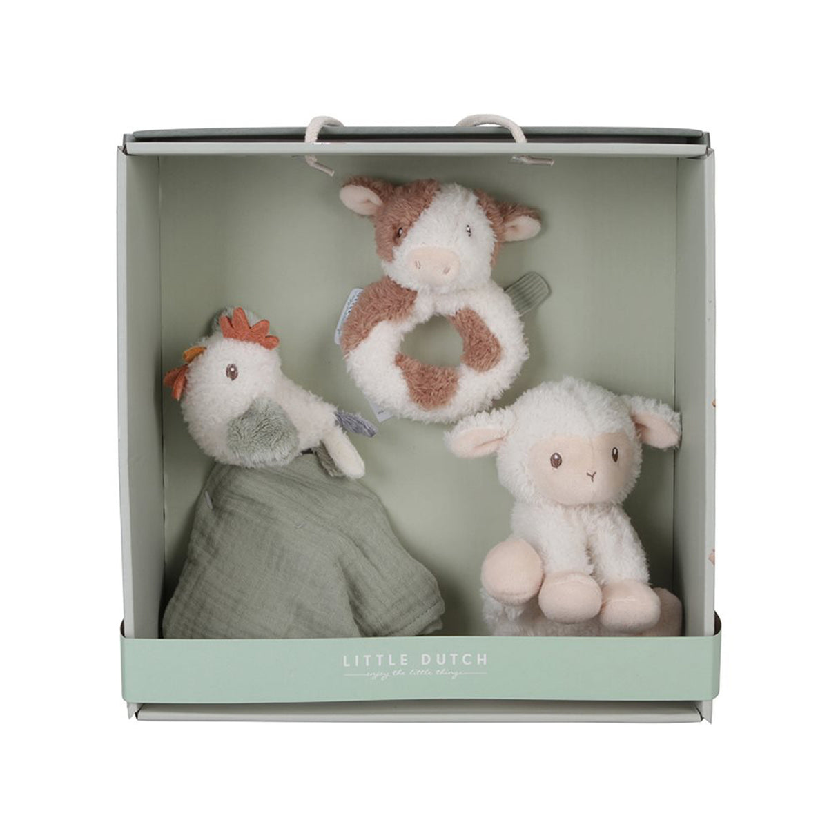 Set of Little Dutch soft toys including a Chicken soother, cow ring rattle, and sheep toy in a Little Dutch sage green box packaging.