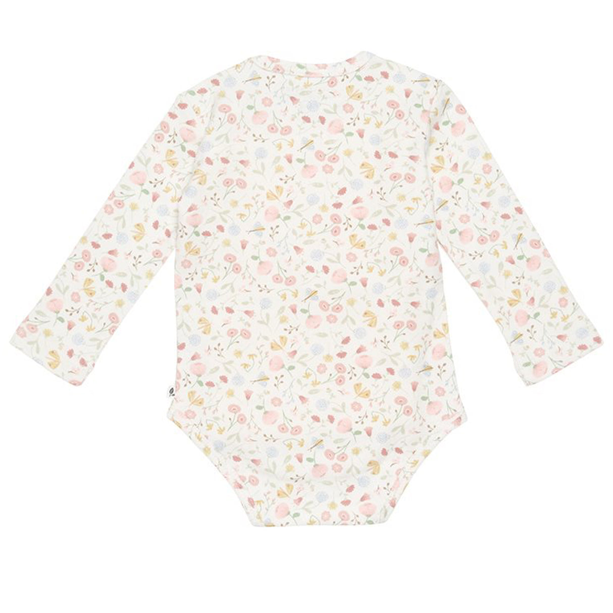 Back view of Little Dutch long-sleeve baby bodysuit with all-over floral and butterfly print
