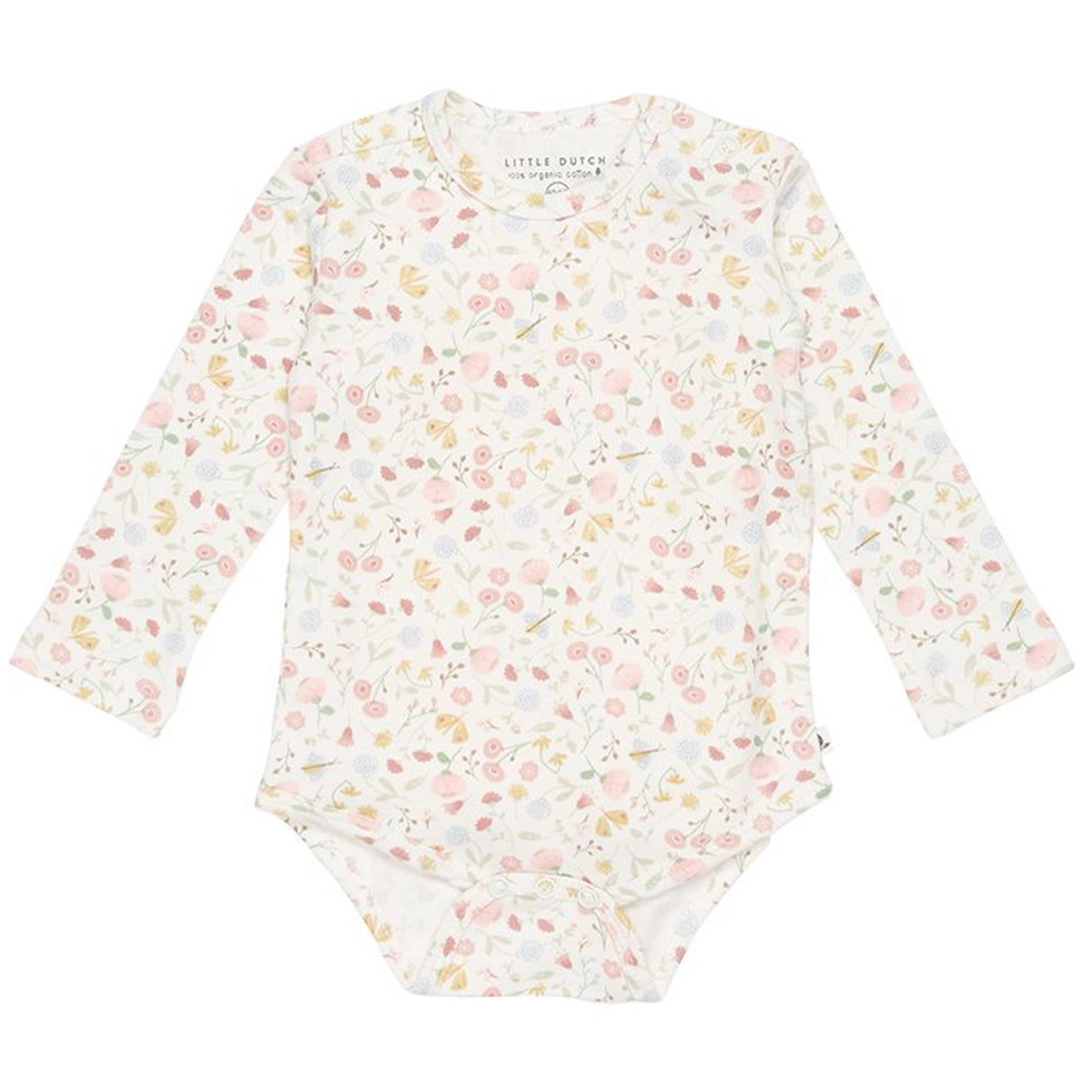 Little Dutch long-sleeve baby bodysuit with floral print in soft pink and white, organic cotton