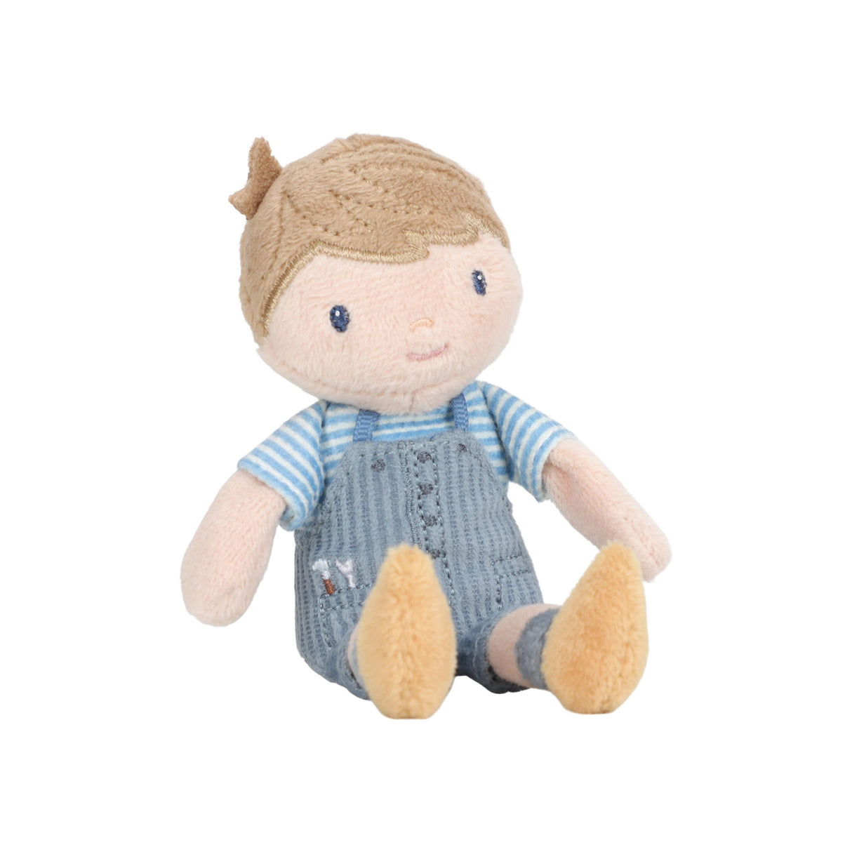 Little Dutch Mini Doll Jim sitting on white background showing stitched face, blue overalls and striped t-shirt detail