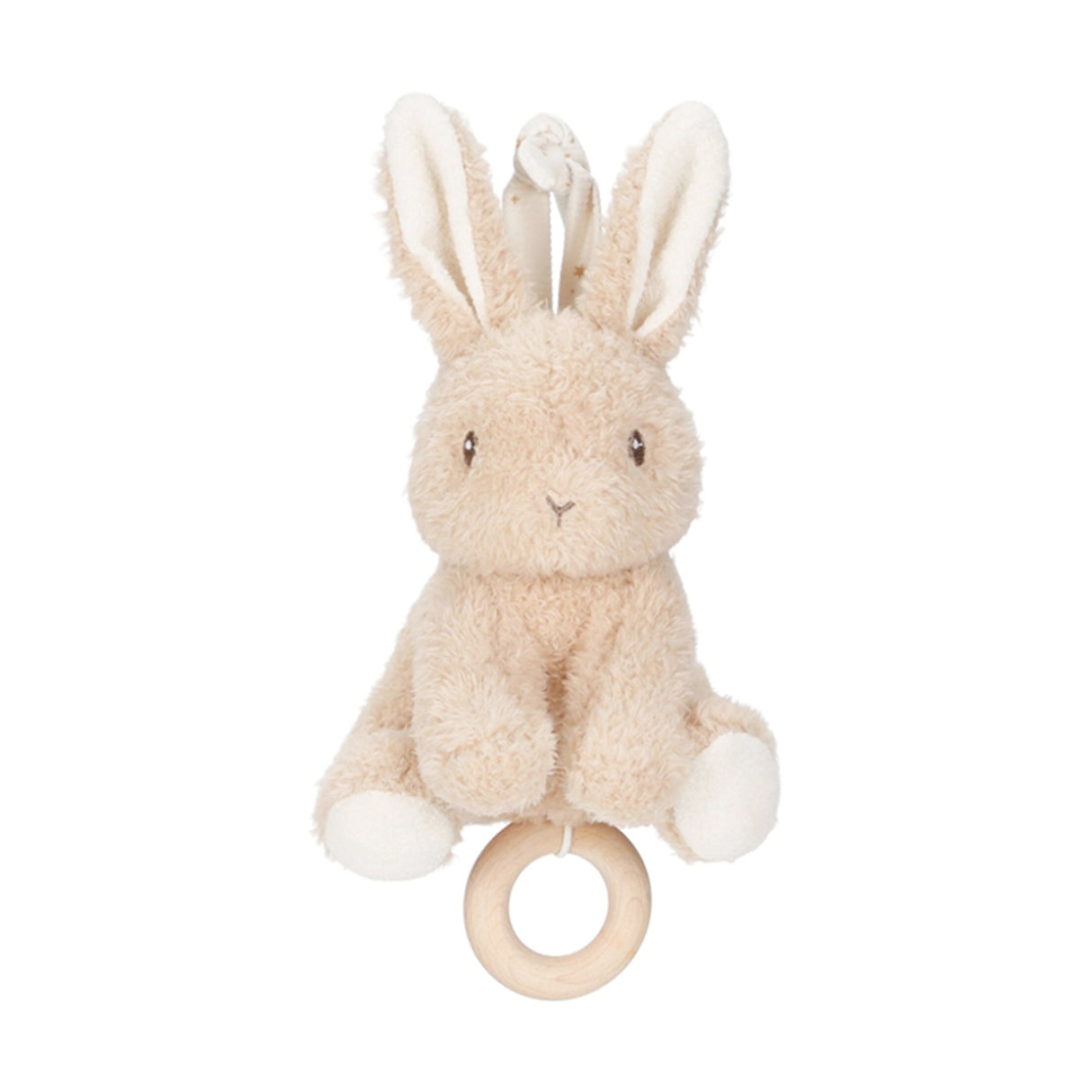 Little Dutch Plush bunny Musical pull toy with a wooden ring on a white background