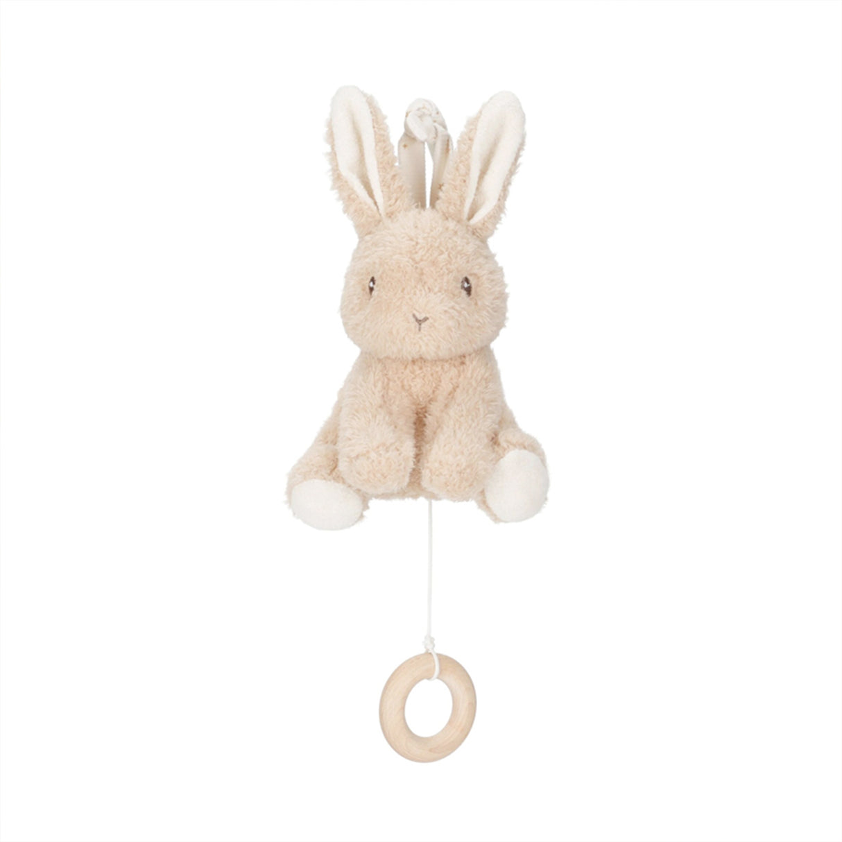 Little Dutch Plush bunny Musical pull toy with a wooden ring on a white background