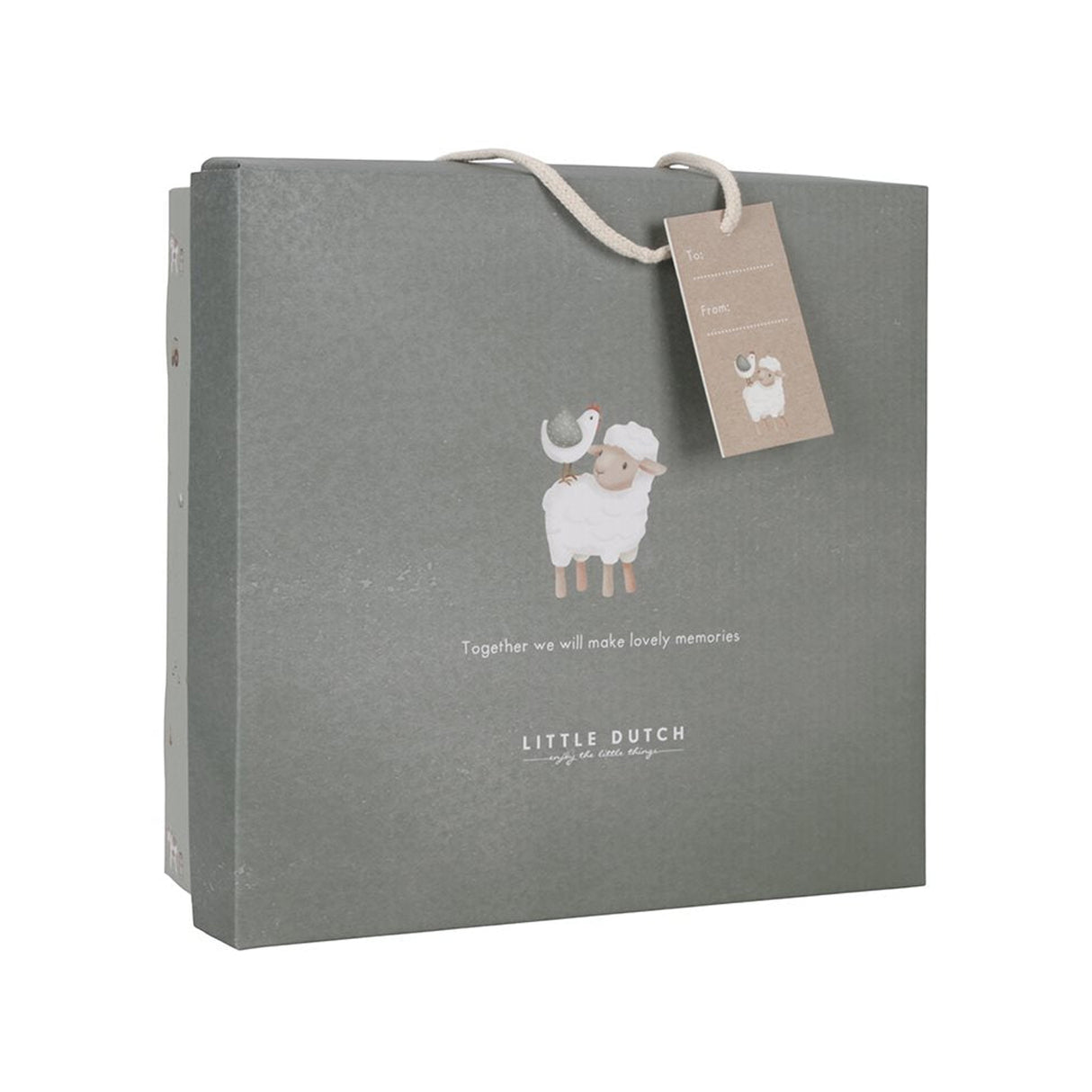 Gray gift boc with sheep illustration and 'Little Dutch' branding on a white background