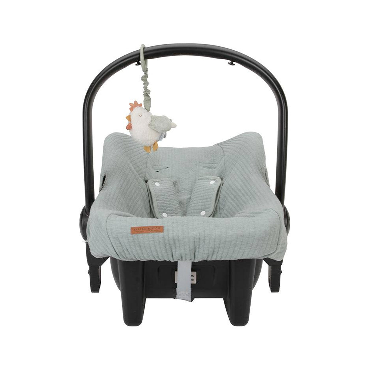 Baby car seat with a gray textured cover and a hanging Chickecn toy on a white background