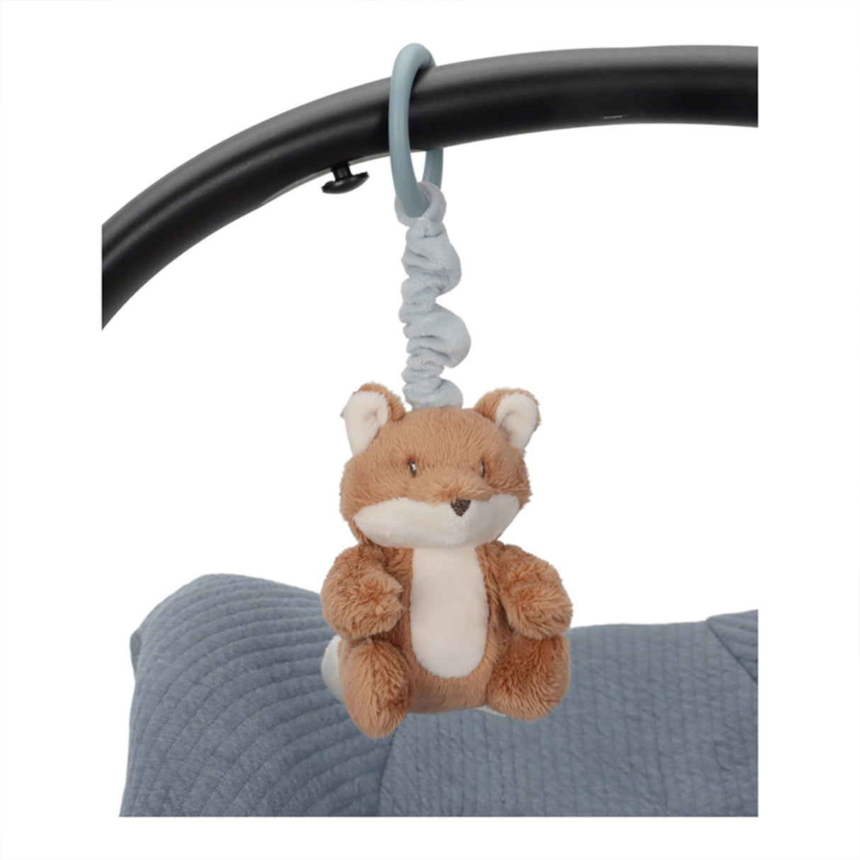 Baby car seat with a Little Dutch Pull and shake Plush fox toy hanging from it.