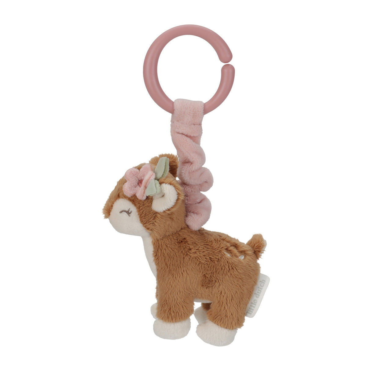 Plush pram toy with a cute deer design with pink flower on head on a white background