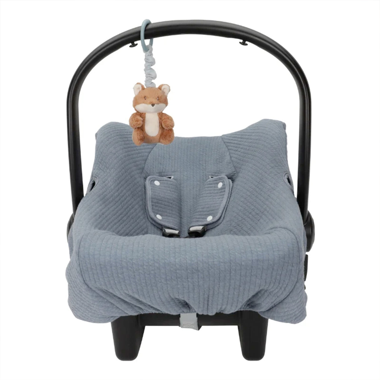 Baby car seat with a Little Dutch Pull and shake Plush fox toy hanging from it.