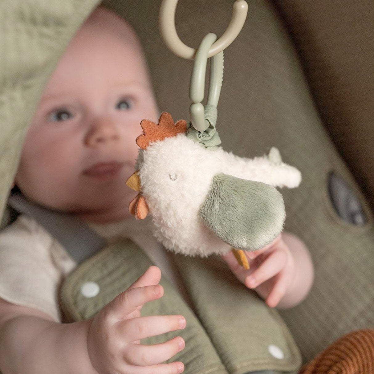 Baby holding a soft toy Farm chicken with a neutral background
