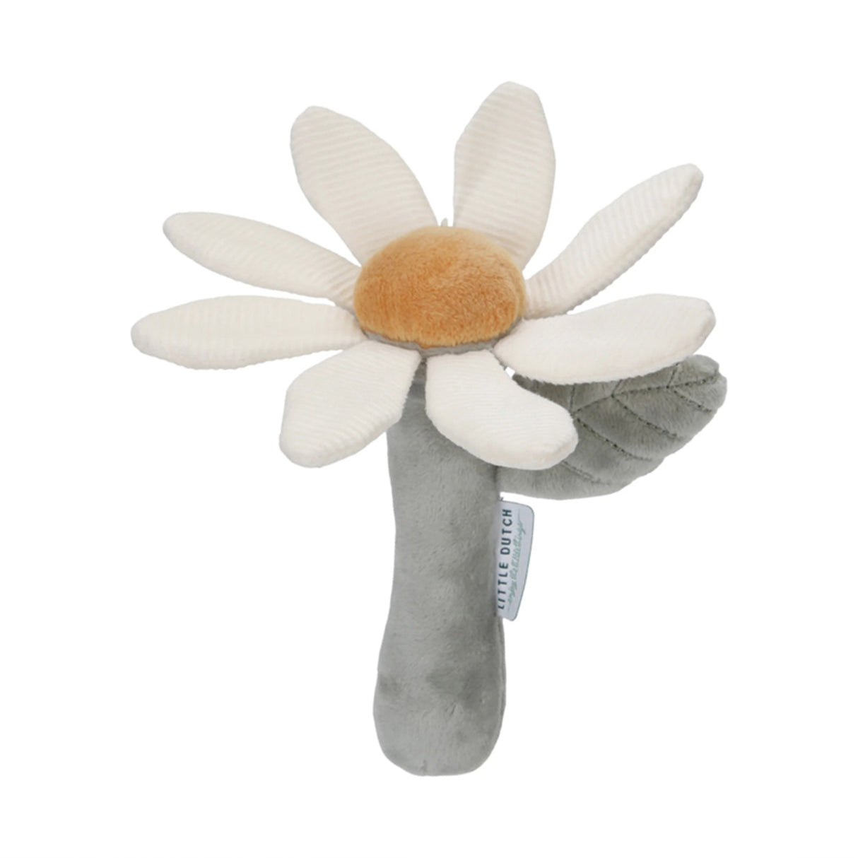 Plush flower baby ratttle toy with white petals,orange center, and sage green stem on a white background