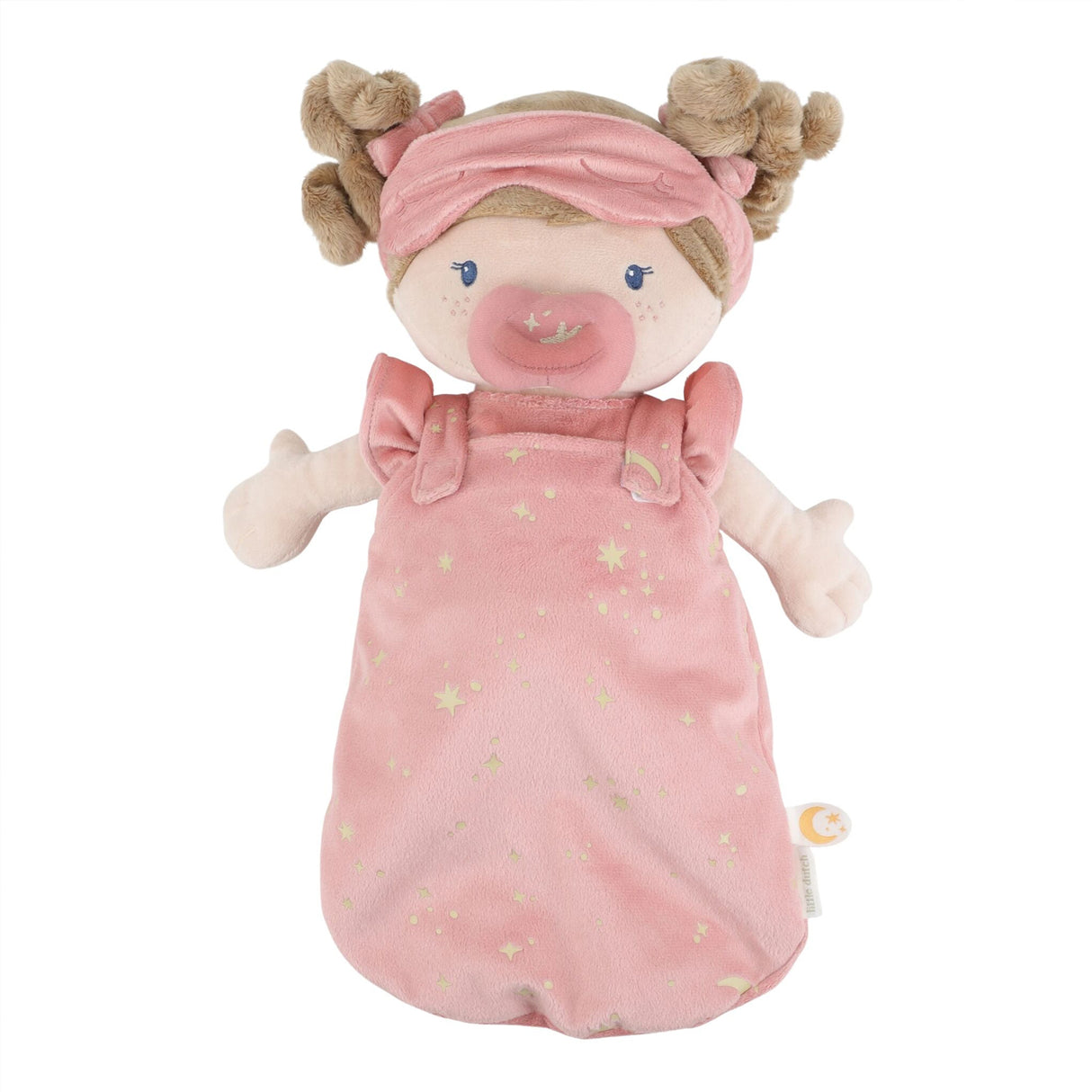 Soft doll toy with pink outfit, sleeping mask and dummy on a white background