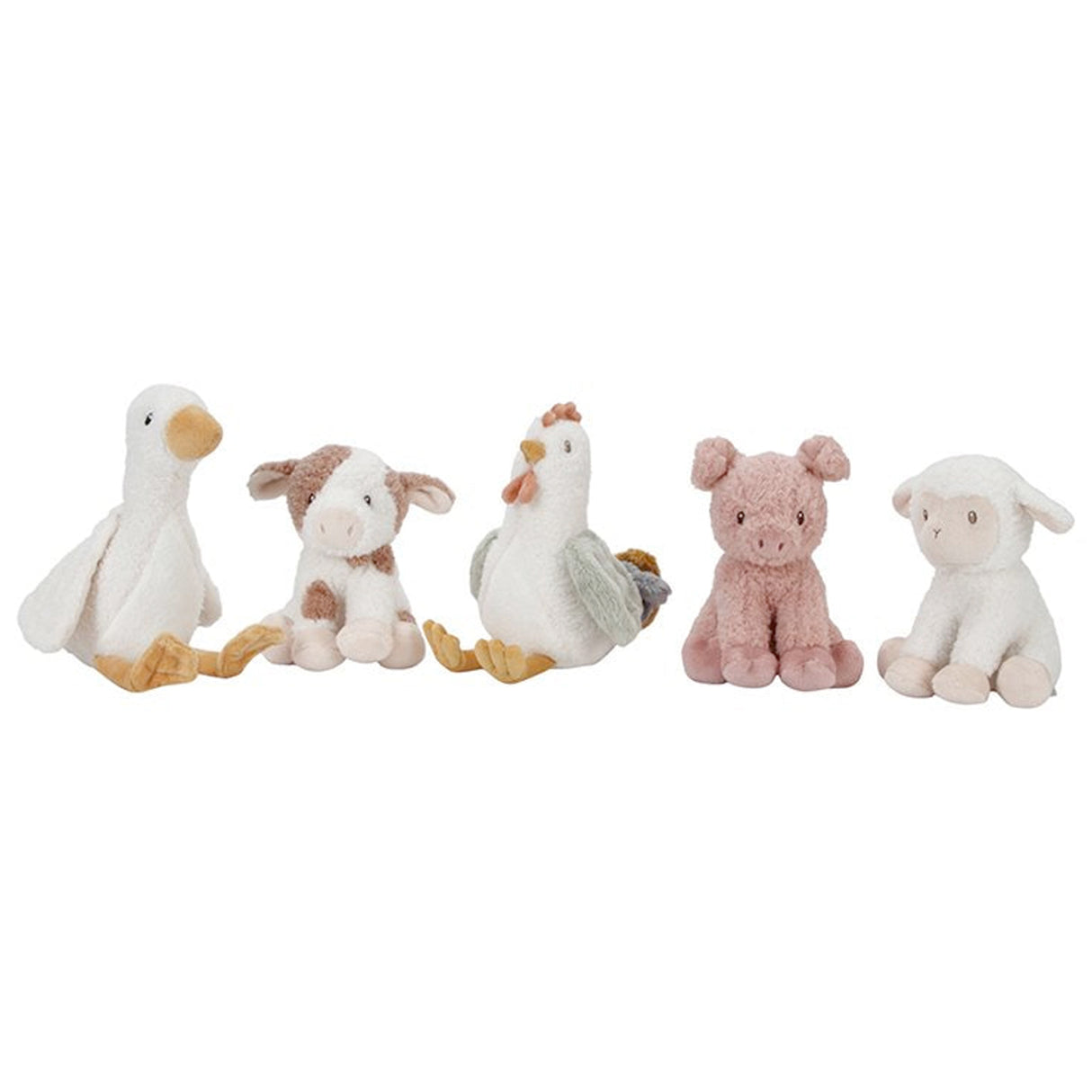 Set of five plush Little Dutch farm animal toys on a white background