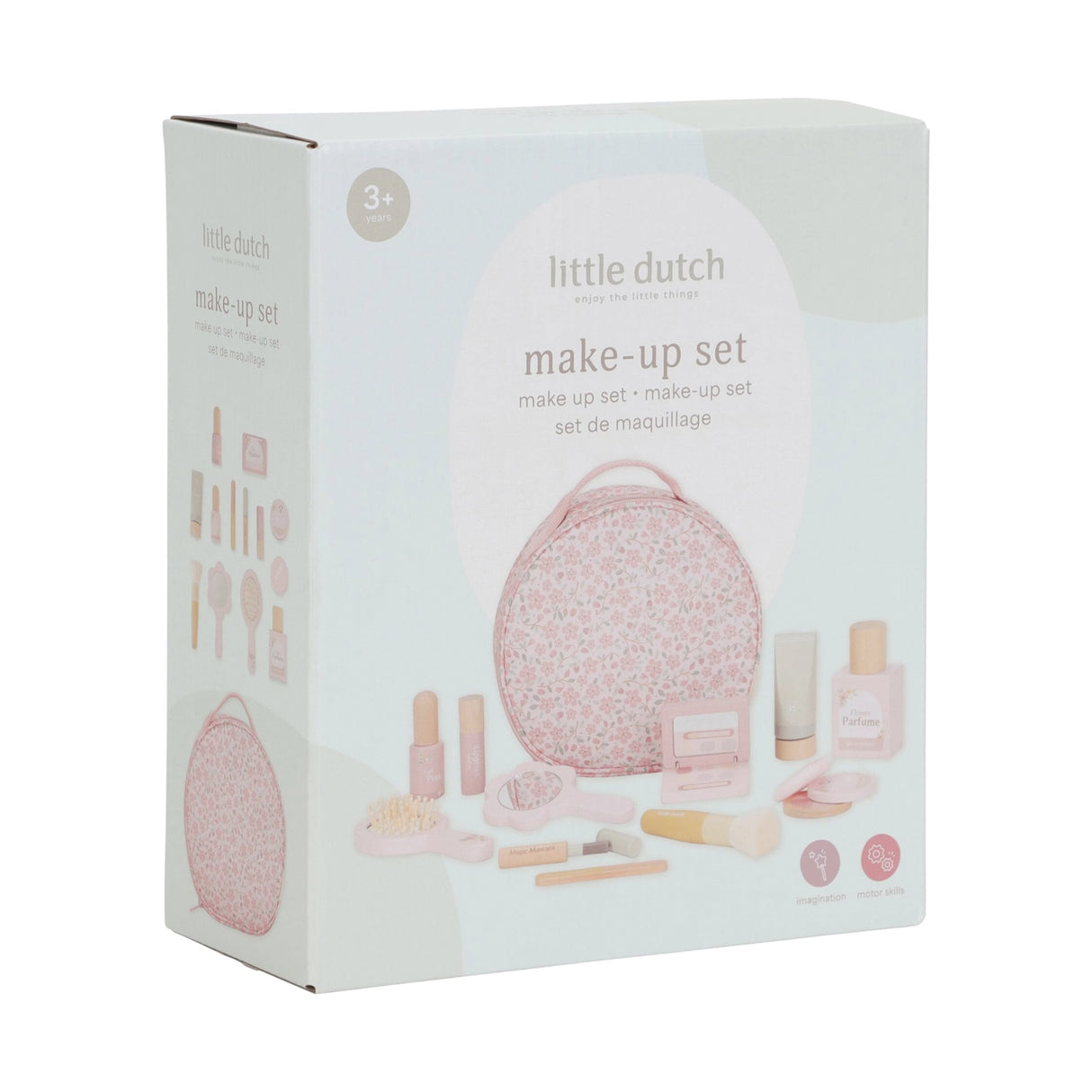 Box of little dutch make-up set with pink makeup items on a white background