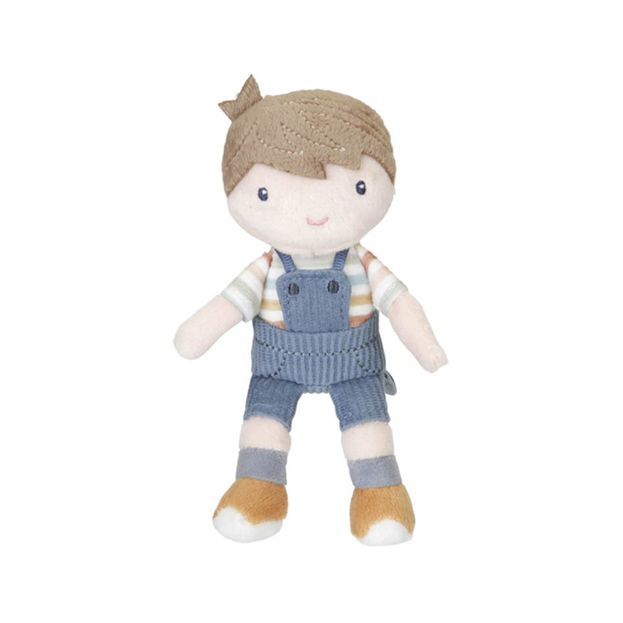 Stuffed toy boy doll with a brown hair, striped shirt, and blue overalls on a white background