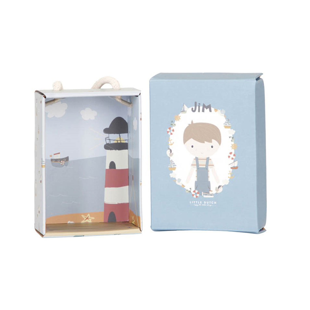Children's decorative box with a lighthouse design and 'Jim' branding on a white background