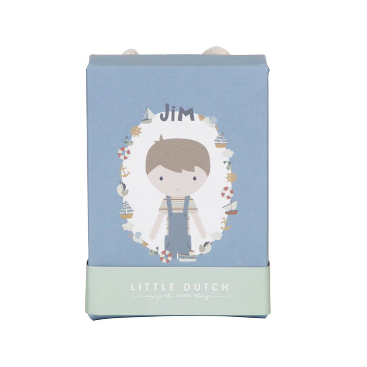 Children's product packaging with a character named Jim and 'Little Dutch' branding on a light blue and green background.