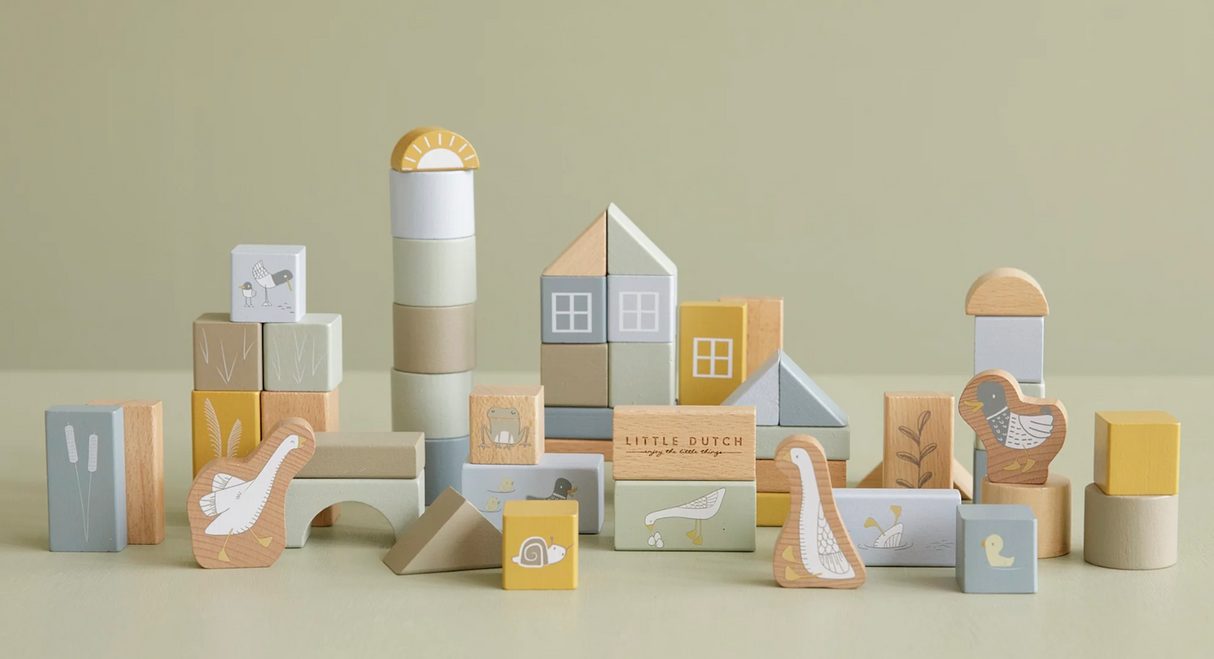 A collection of wooden building blocks in various shapes and sizes, decorated with ducks, birds and a frog. The blocks are in shades of blue, beige, and different colours.