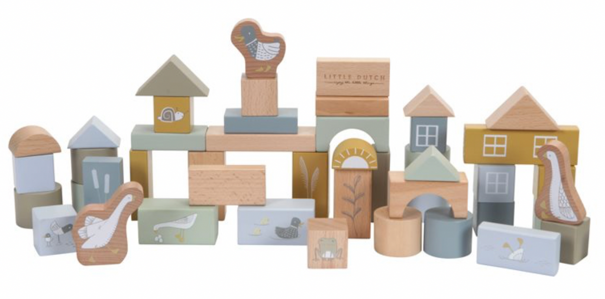 A set of wooden building blocks in various shapes and sizes, decorated with farm and country side animals. The blocks are in shades of blue, beige, and different colours