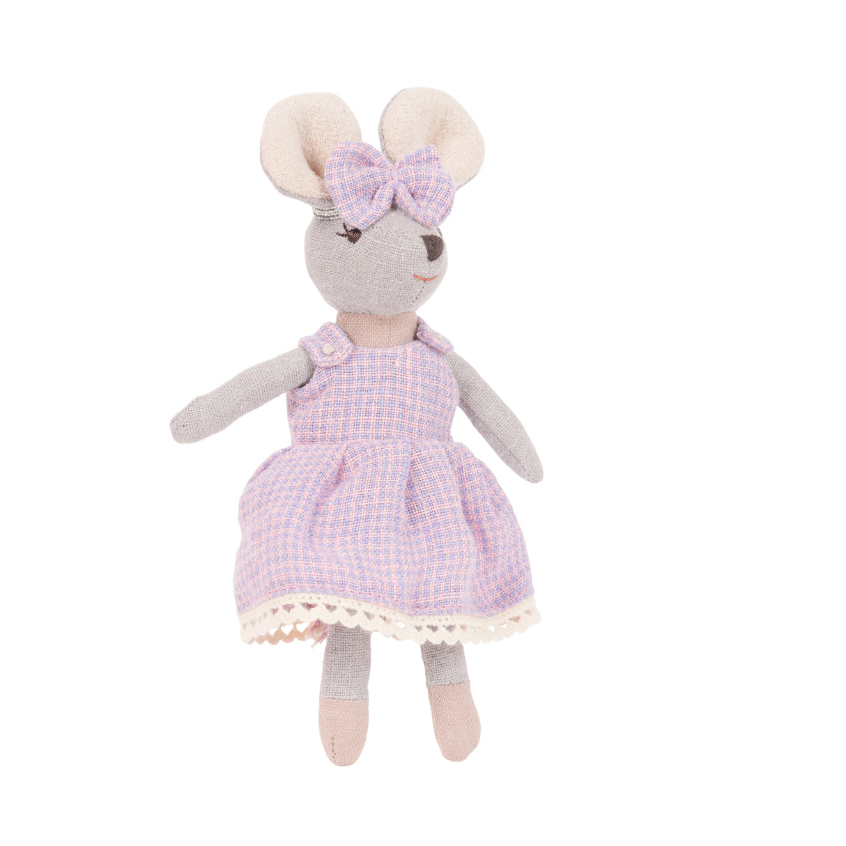 Stuffed mouse toy in a purple dress with a bow on a white background