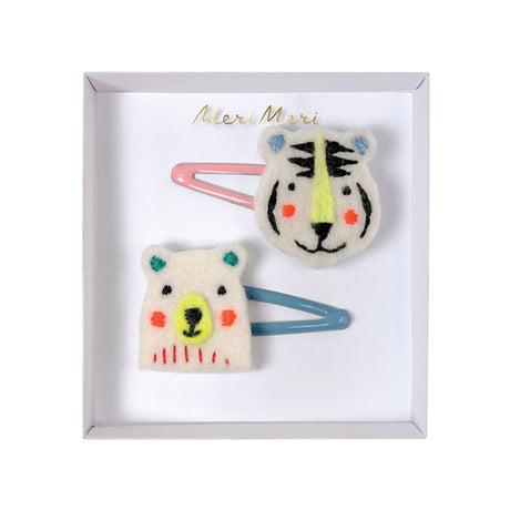 Two animal-themed hair clips in a display box with 'Meri Meri' branding.