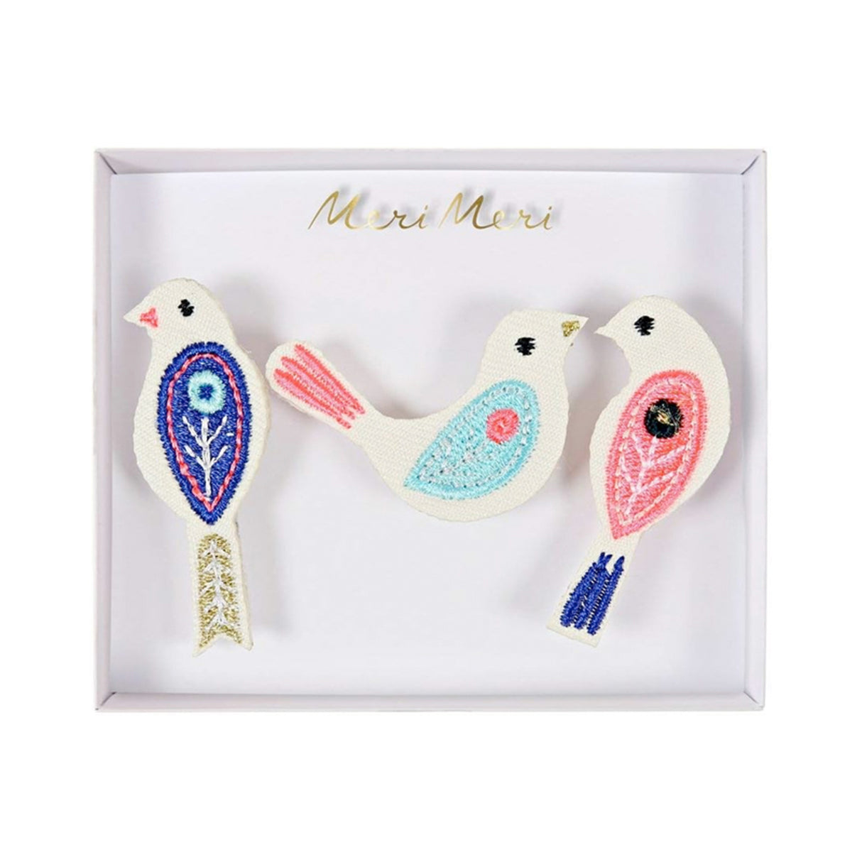 Set of three decorative bird brooches in a box with 'Meri & Meri' branding.
