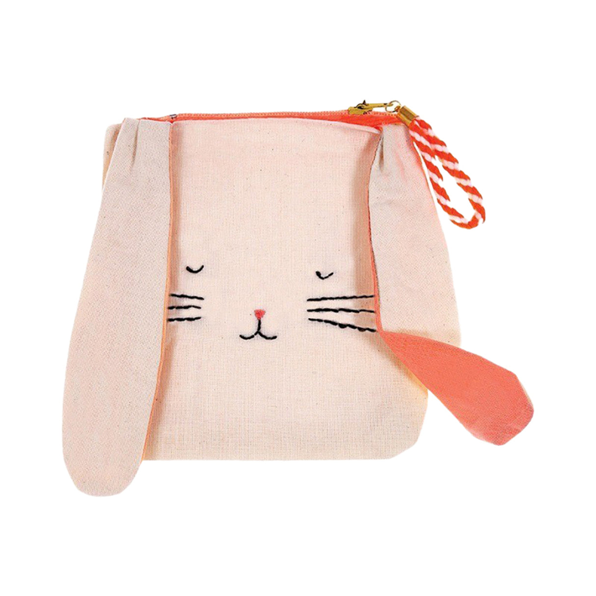 A beige-colored bunny-shaped pouch with peach-colored ears, closed with a zip and a tassel detail on the side.