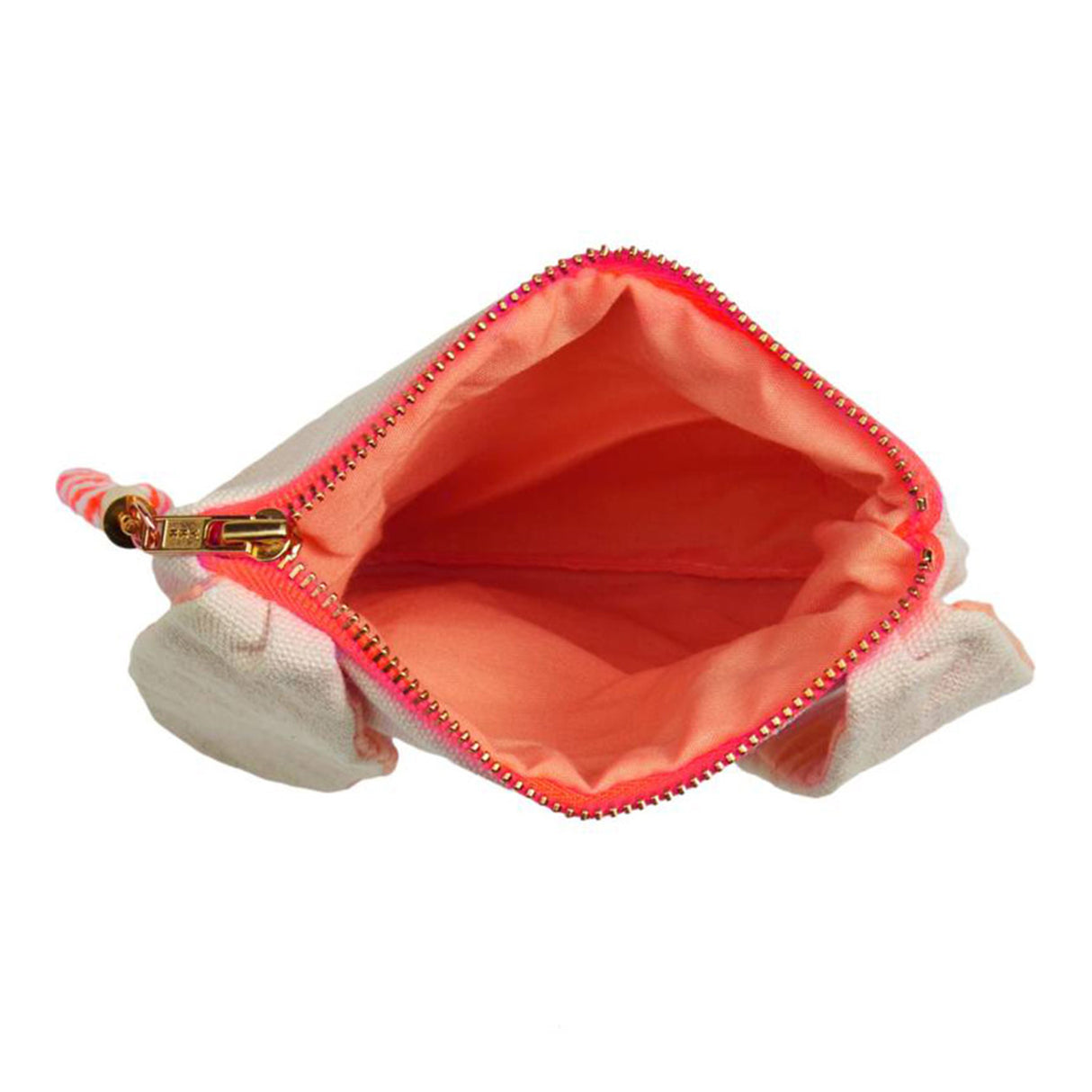 Looking inside a Meri Meri Bunny Pouch with golden zip and peach coloured silk lining