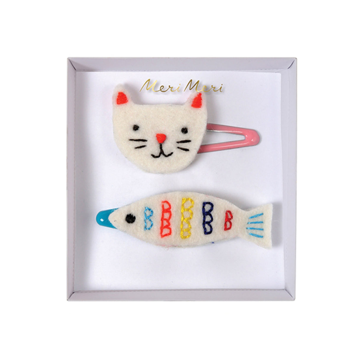 Two cat-themed hair clips in a box with 'Meri Meri' branding.