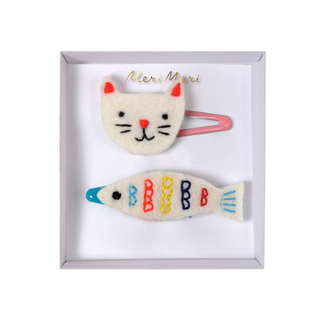 Two cat-themed hair clips in a box with 'Meri Meri' branding.