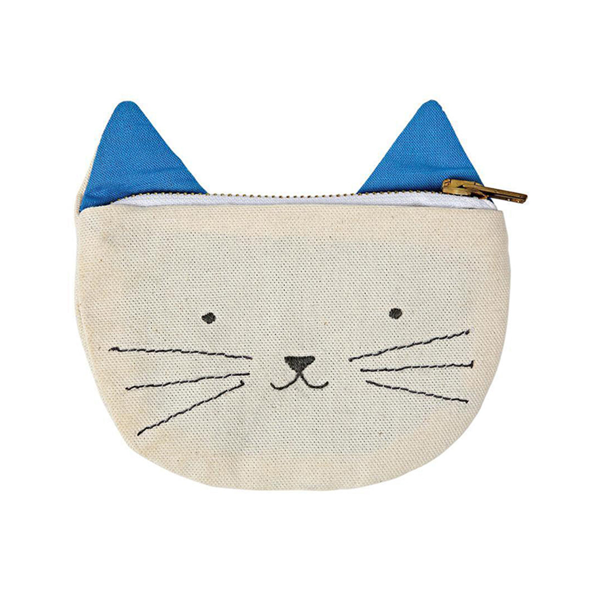 Cat-shaped coin purse with blue ears on a white background