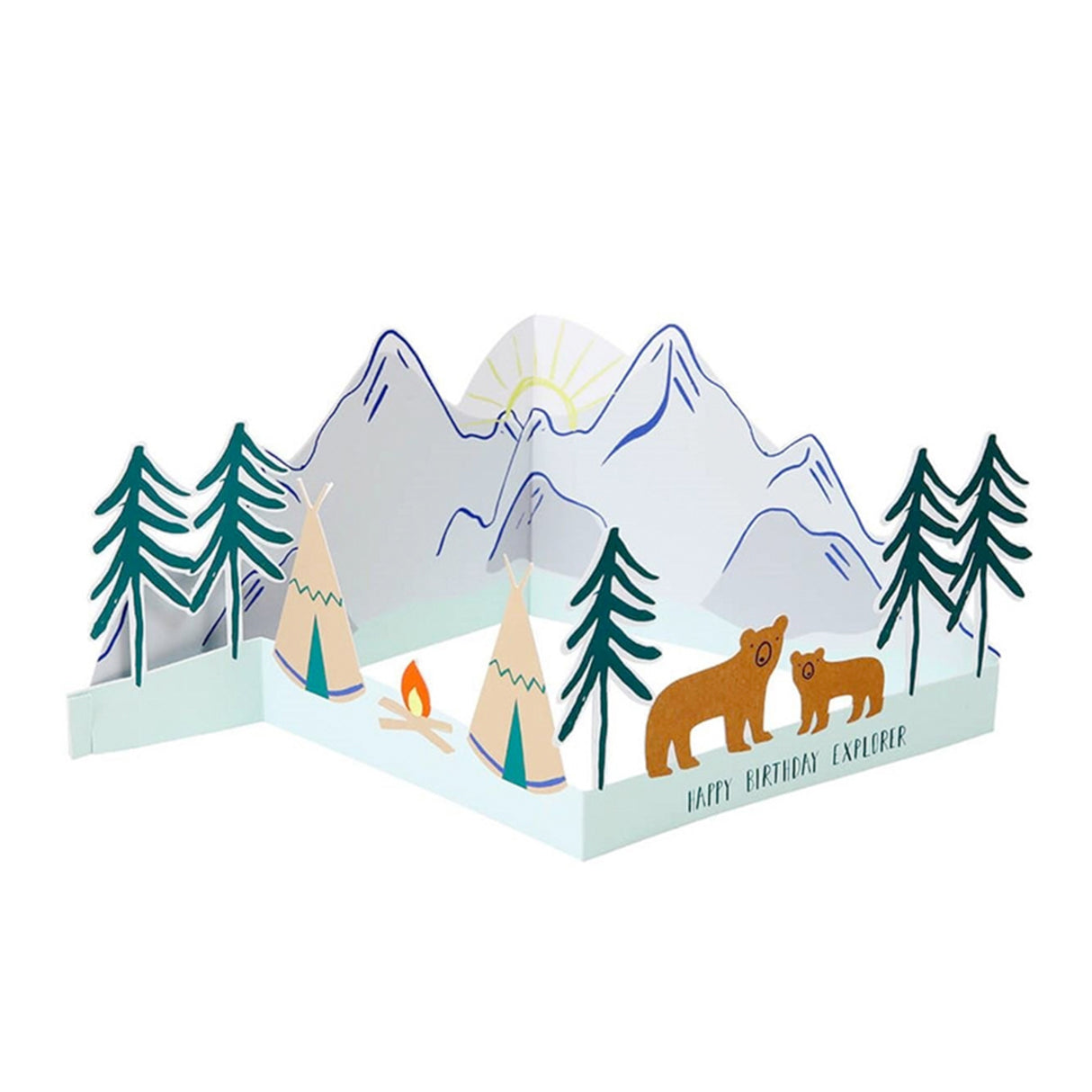 3D landscape card with mountains, trees, and bears on a white background