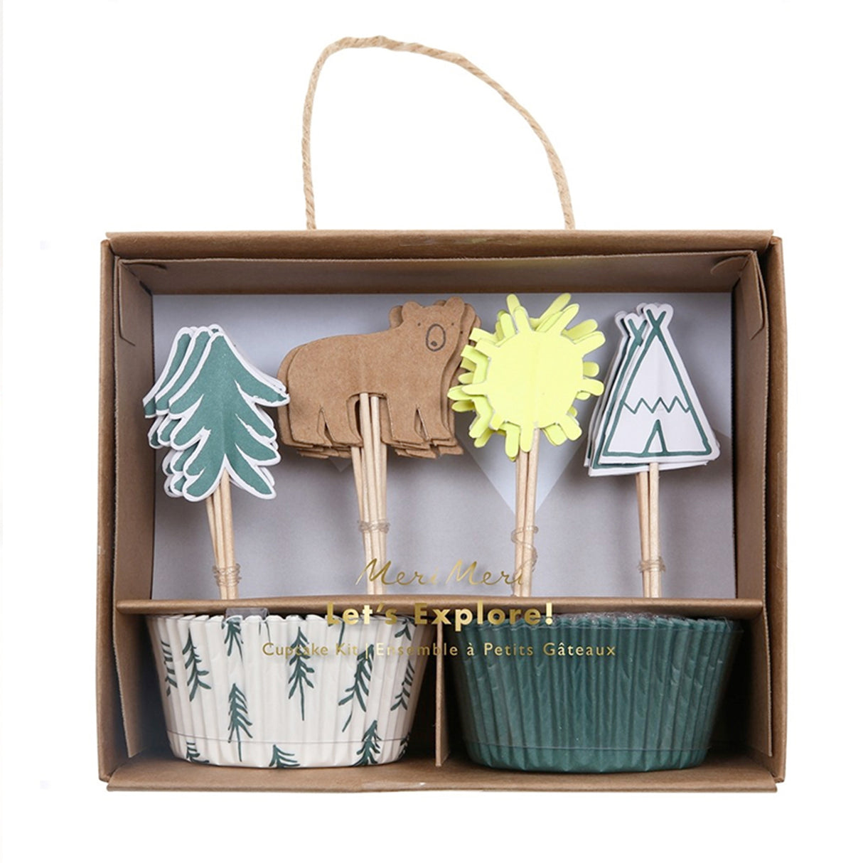 Set of cupcake toppers and holders with nature-themed designs in a box.