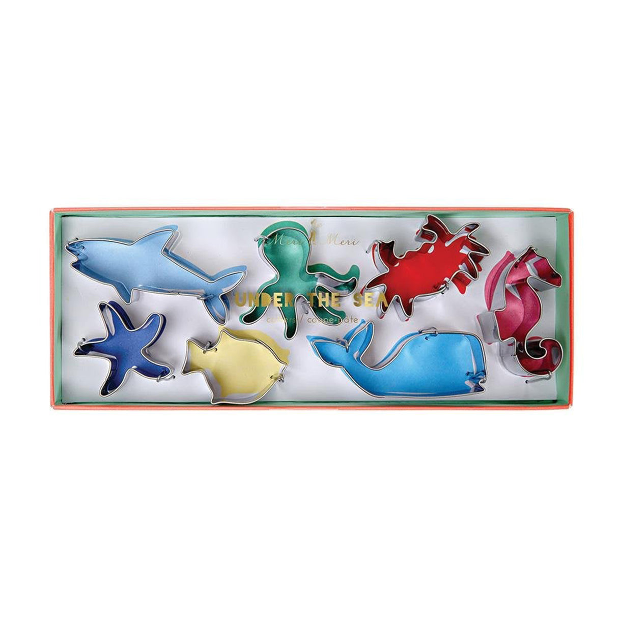 Set of colourful sea creature cookie cutters in a box with 'Under the Sea' text on a white background