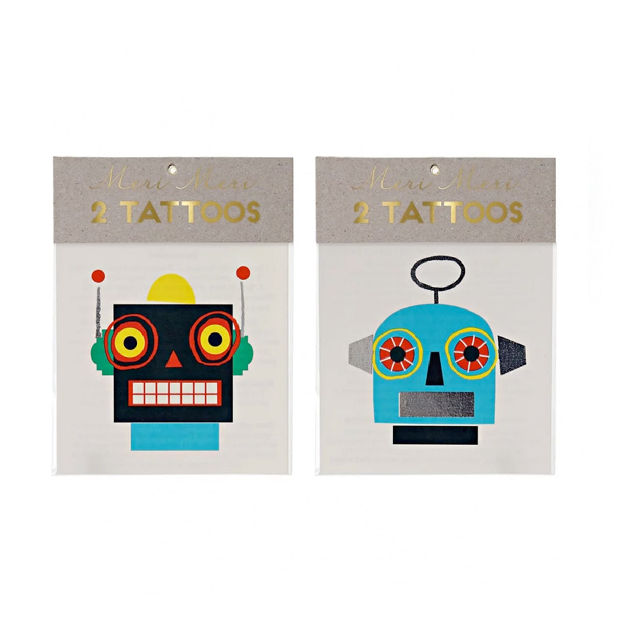 Two packaged robot tattoos designed for children, one with a red and black robot and the other with a blue and green robot.