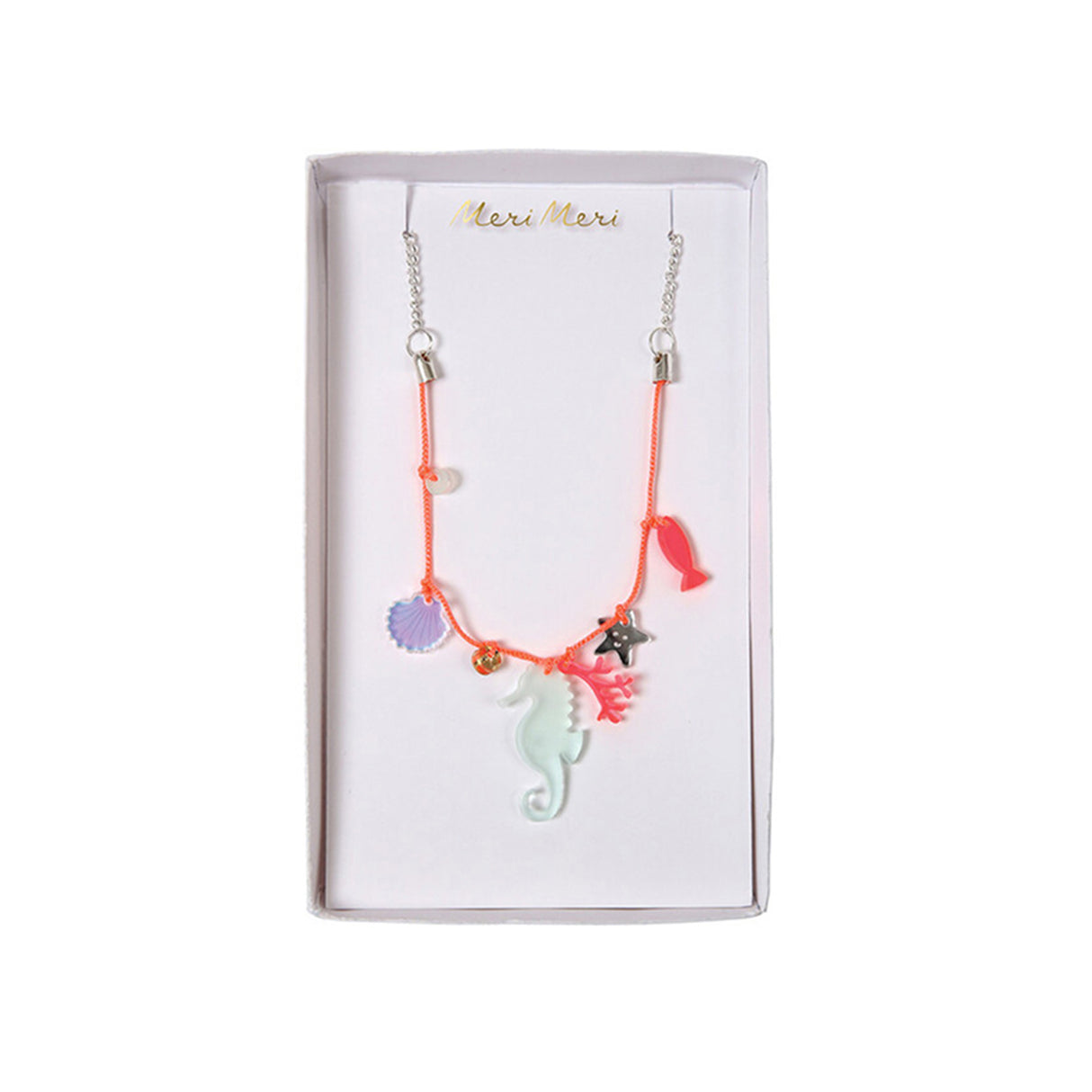 Necklace with colourful charms in a Meri Meri branded box on a white background