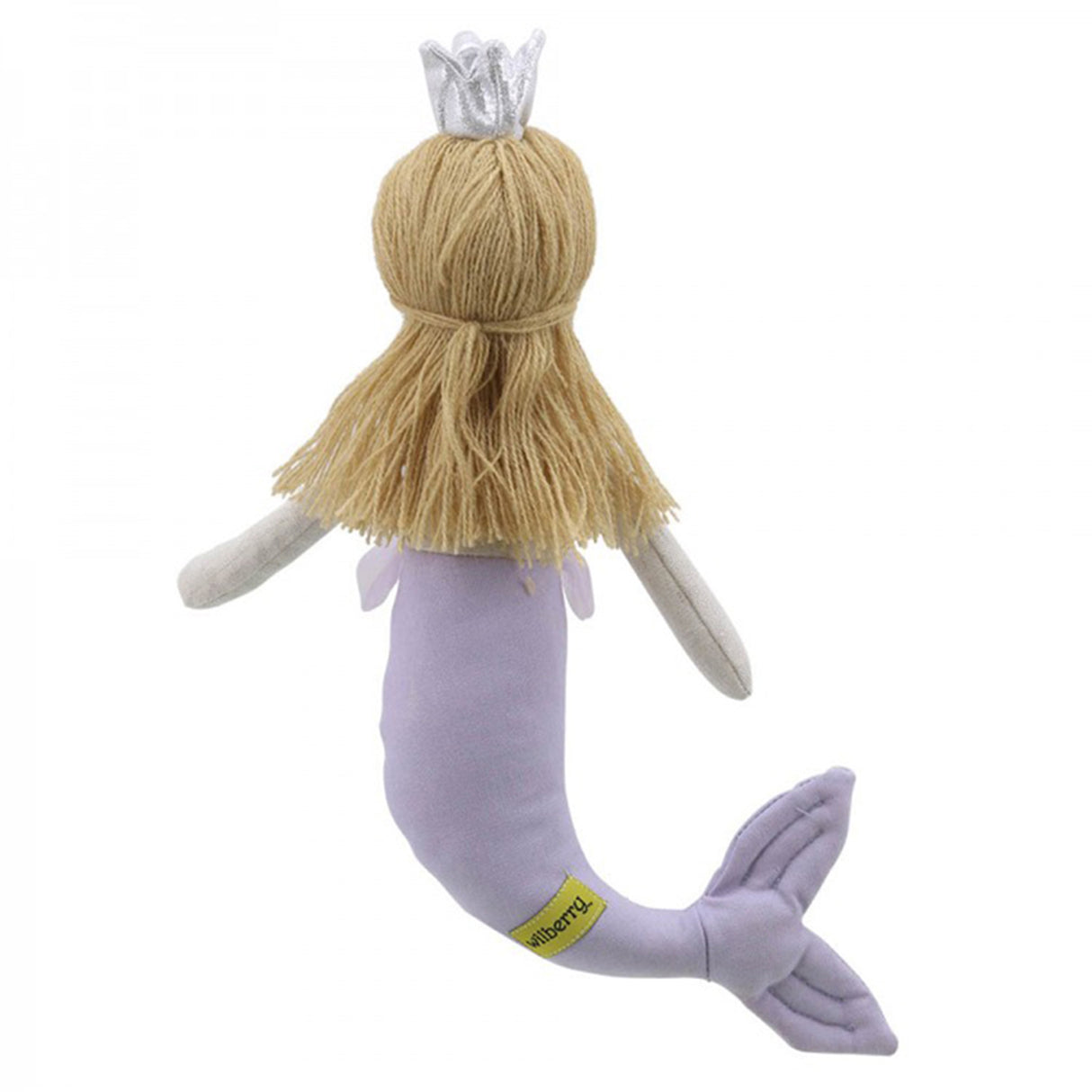 Plush toy mermaid with blonde hair and a crown on a white background