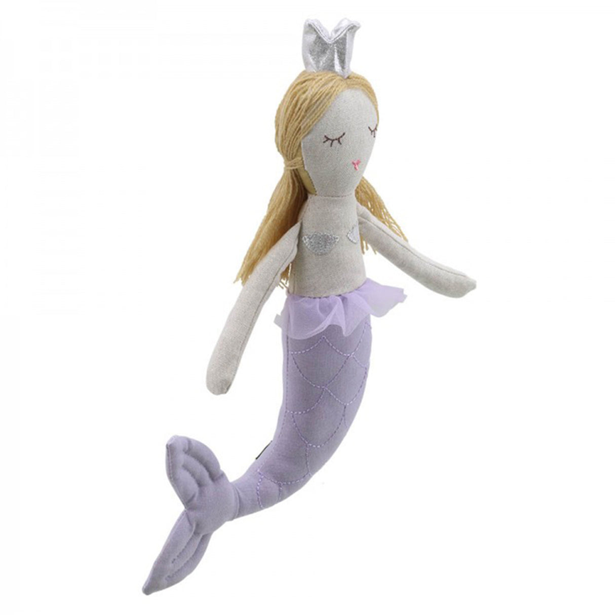 Stuffed mermaid toy with blonde hair and a purple tail on a white background