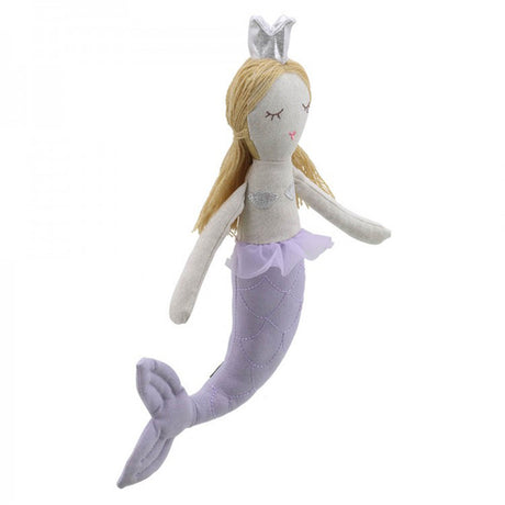 Stuffed mermaid toy with blonde hair and a purple tail on a white background