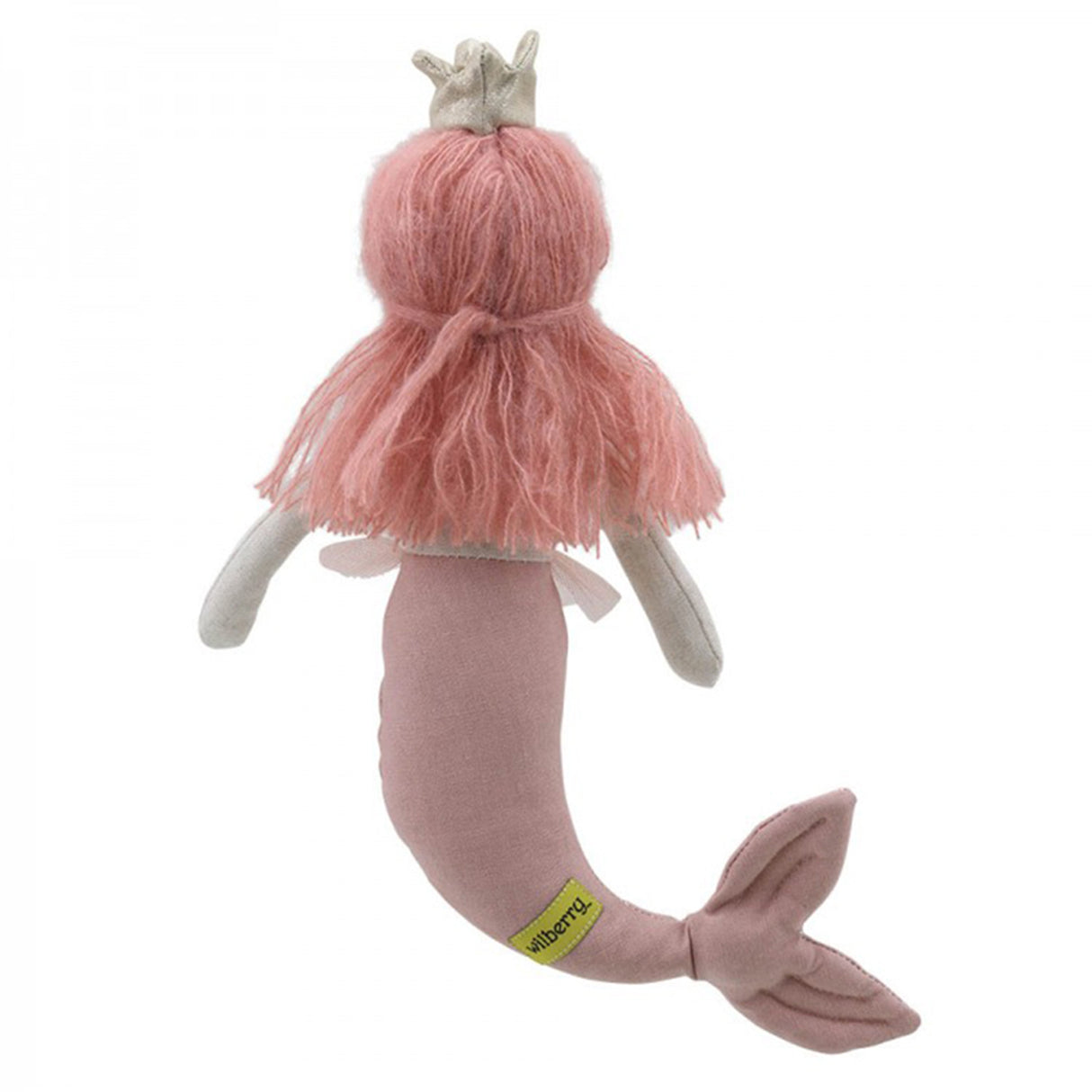 Stuffed mermaid toy with purple hair and a silver crown and green tail on a white background