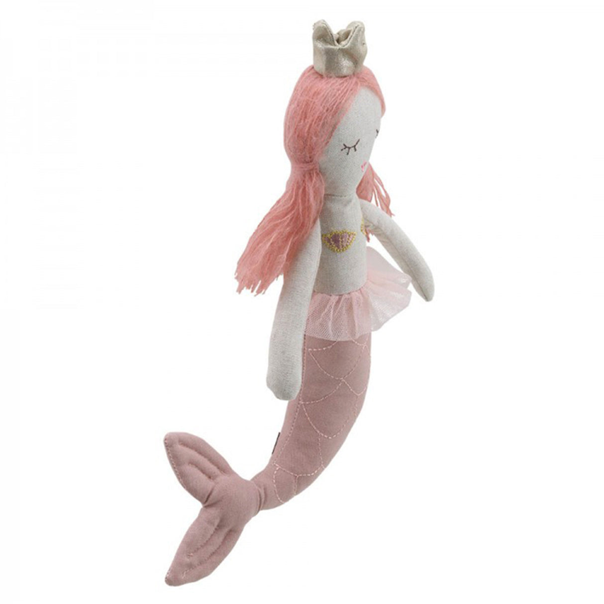 Stuffed mermaid toy with purple hair and a gold crown and green tail on a white background