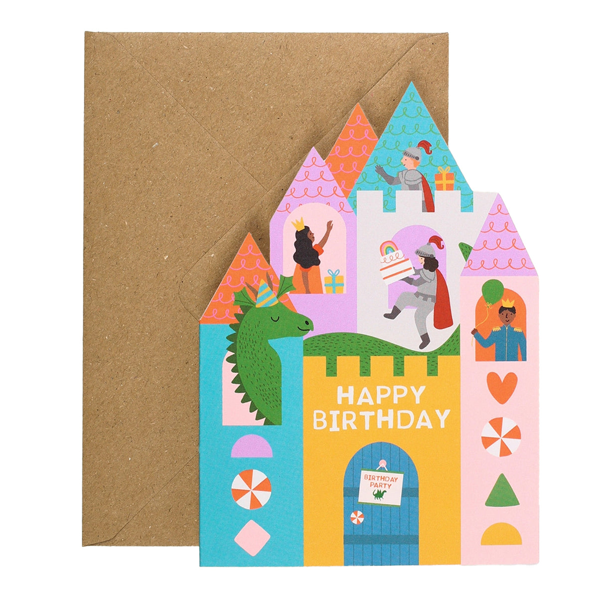 Mifkins Fairytale Castle shaped children's birthday card with kraft envelope, featuring a dragon, knights, princess and Happy Birthday text, on a white background