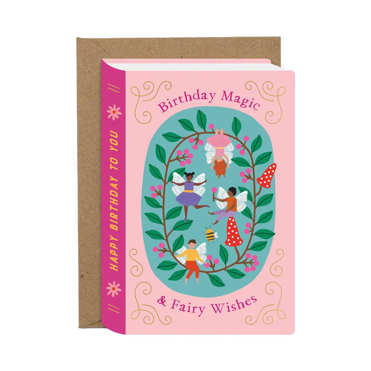 Greeting card with fairy design and 'Birthday Magic & Fairy Wishes' text on a pink background