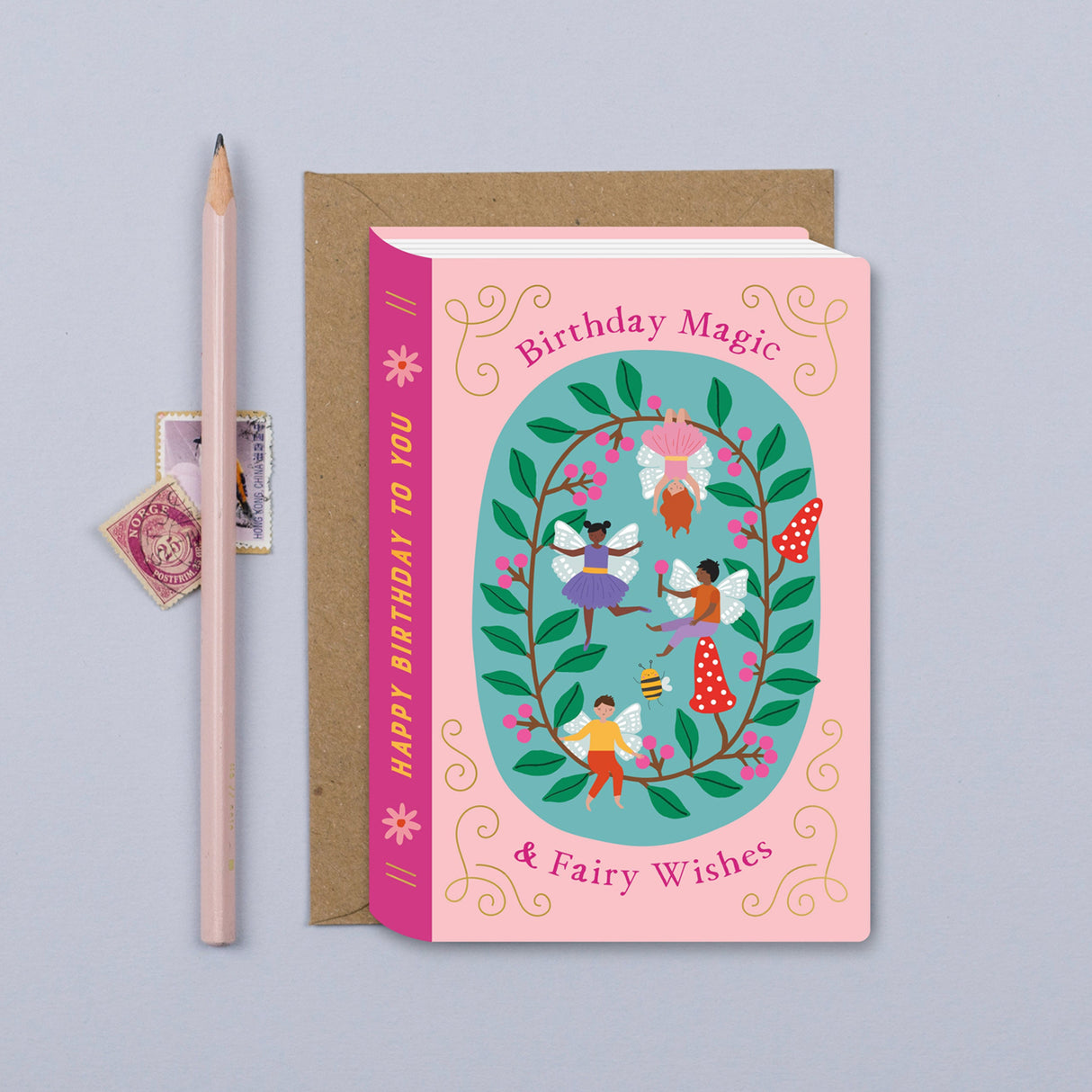 Greeting card with fairy design and birthday message on a light purple background